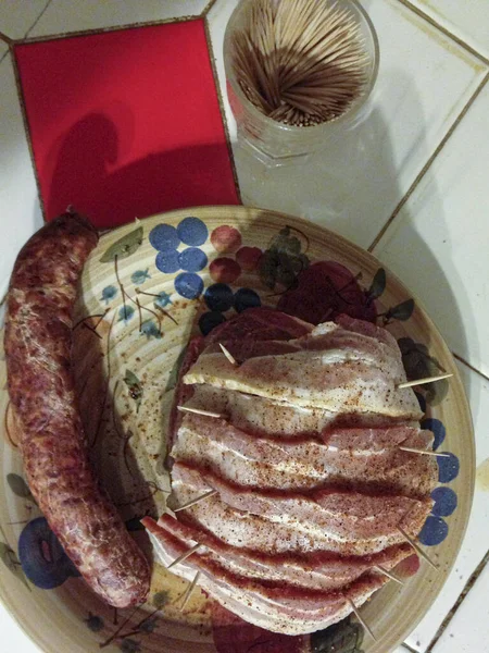 Bacon Embrulhado Presunto Salsichas Com Espetos Foto Alta Qualidade — Fotografia de Stock