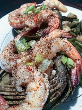 Lezzetli kaynatılmış karides yemeği. Yüksek kalite fotoğraf