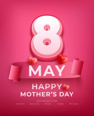 8 Mayıs Anneler Günü posteri ya da kurdeleli ve pembe arka planda tatlı kalpli afiş