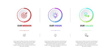 Mission, Vision and Values of company with text. Company infographic Banner template. Modern flat icon design. Abstract icon. Purpose business concept. Mission symbol illustration. Abstract eye. Business vision presentation