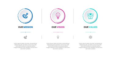 Mission, Vision and Values of company with text. Company infographic Banner template. Modern flat icon design. Abstract icon. Purpose business concept. Mission symbol illustration. Abstract eye. Business vision presentation