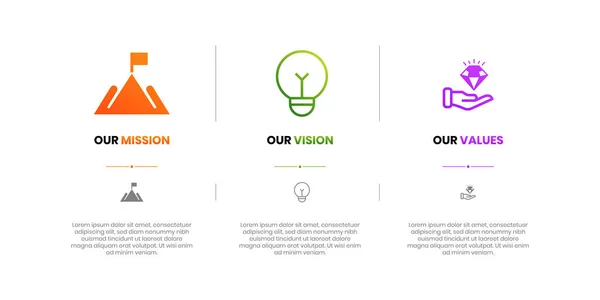 Mission, Vision and Values of company with text. Company infographic Banner template. Modern flat icon design. Abstract icon. Purpose business concept. Mission symbol illustration. Abstract eye. Business vision presentation