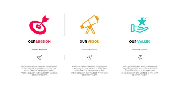 Mission, Vision and Values of company with text. Company infographic Banner template. Modern flat icon design. Abstract icon. Purpose business concept. Mission symbol illustration. Abstract eye. Business vision presentation