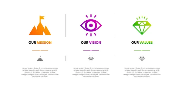 Mission, Vision and Values of company with text. Company infographic Banner template. Modern flat icon design. Abstract icon. Purpose business concept. Mission symbol illustration. Abstract eye. Business vision presentation