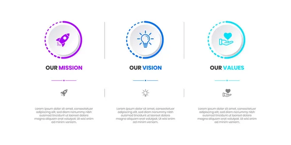 Mission, Vision and Values of company with text. Company infographic Banner template. Modern flat icon design. Abstract icon. Purpose business concept. Mission symbol illustration. Abstract eye. Business vision presentation
