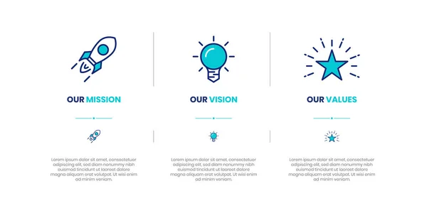 Mission, Vision and Values of company with text. Company infographic Banner template. Modern flat icon design. Abstract icon. Purpose business concept. Mission symbol illustration. Abstract eye. Business vision presentation