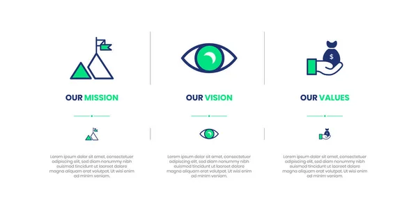 Mission, Vision and Values of company with text. Company infographic Banner template. Modern flat icon design. Abstract icon. Purpose business concept. Mission symbol illustration. Abstract eye. Business vision presentation