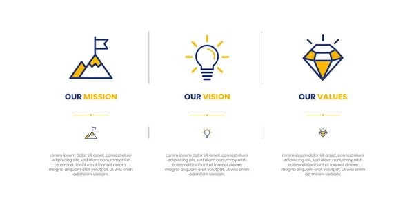 Mission, Vision and Values of company with text. Company infographic Banner template. Modern flat icon design. Abstract icon. Purpose business concept. Mission symbol illustration. Abstract eye. Business vision presentation