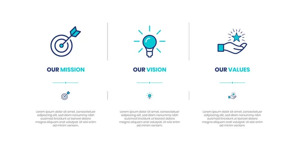 Mission, Vision and Values of company with text. Company infographic Banner template. Modern flat icon design. Abstract icon. Purpose business concept. Mission symbol illustration. Abstract eye. Business vision presentation