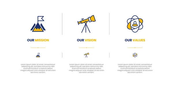 Mission, Vision and Values of company with text. Company infographic Banner template. Modern flat icon design. Abstract icon. Purpose business concept. Mission symbol illustration. Abstract eye. Business vision presentation