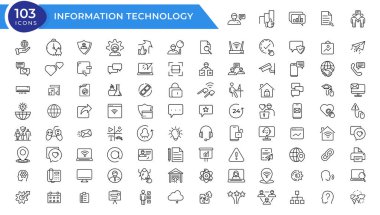 Bilgi teknolojisi çizgi simgeleri koleksiyonu. Büyük UI simgesi düz dizayn edildi. İnce taslak simgeler paketi. Vektör illüstrasyonu