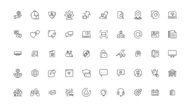 Bilgi teknolojisi çizgi simgeleri koleksiyonu. Büyük UI simgesi düz dizayn edildi. İnce taslak simgeler paketi. Vektör illüstrasyonu