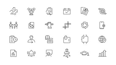 Bilgi teknolojisi çizgi simgeleri koleksiyonu. Büyük UI simgesi düz dizayn edildi. İnce taslak simgeler paketi. Vektör illüstrasyonu