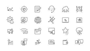Bilgi teknolojisi çizgi simgeleri koleksiyonu. Büyük UI simgesi düz dizayn edildi. İnce taslak simgeler paketi. Vektör illüstrasyonu