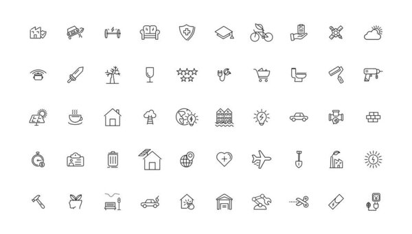 Промышленность и экология иконы. Коллекция тонких линий иконок. Векторная иллюстрация