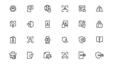 Güvenlik çizgisi simgeleri ayarlandı. Siber kilit, kilidi aç, şifreyi gir. Güvenlik, kalkan, ev güvenlik sistemi simgeleri. Göz girişi, elektronik kontrol, güvenlik duvarı. İnternet koruması, dizüstü bilgisayar şifresi. Taslak simgesi