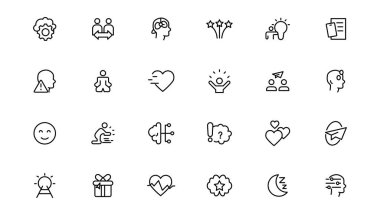 Psikoloji ve zihinsel çizgi ikonları koleksiyonu. İnce dış hat simgesi