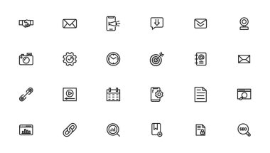 Arama motoru optimizasyonu ve web geliştirmesi. İnce çizgi ağ simgesi koleksiyonu