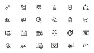 Arama motoru optimizasyonu ve web geliştirmesi. İnce çizgi ağ simgesi koleksiyonu