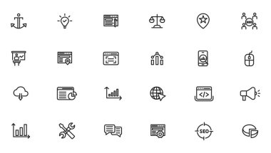 Arama motoru optimizasyonu ve web geliştirmesi. İnce çizgi ağ simgesi koleksiyonu