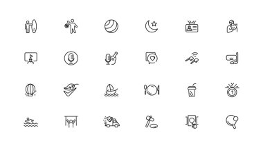 İnce çizgi Yaşam Tarzı ve Eğlence simgesi seti, basit taslak simgeleri koleksiyonu, Piksel Mükemmel simgeler, Basit vektör illüstrasyonu