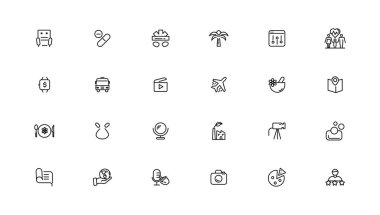 İnce çizgi Yaşam Tarzı ve Eğlence simgesi seti, basit taslak simgeleri koleksiyonu, Piksel Mükemmel simgeler, Basit vektör illüstrasyonu