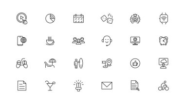 İnce çizgi Yaşam Tarzı ve Eğlence simgesi seti, basit taslak simgeleri koleksiyonu, Piksel Mükemmel simgeler, Basit vektör illüstrasyonu