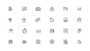 24 Yaşam Tarzı ve Eğlence ikonundan oluşan büyük bir set. İnce çizgi simgeleri koleksiyonu. Vektör illüstrasyonu, Piksel Mükemmel simgeler, Basit vektör illüstrasyonu