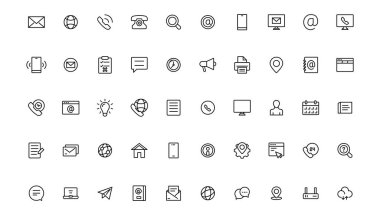 İletişim simgesi ayarlandı. İnce çizgi temas simgeleri ayarlandı. İletişim sembolleri - telefon, posta, faks, bilgi, e-posta, destek. Satır simgesi