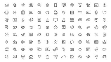 İletişim simgesi ayarlandı. İnce çizgi temas simgeleri ayarlandı. İletişim sembolleri - telefon, posta, faks, bilgi, e-posta, destek. Satır simgesi