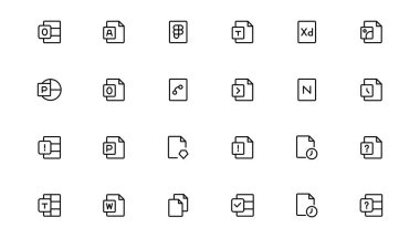 Belge satırı simgesi ayarlandı. Belgeler sembol koleksiyonu. Farklı belge simgeleri. Özet simgesi 