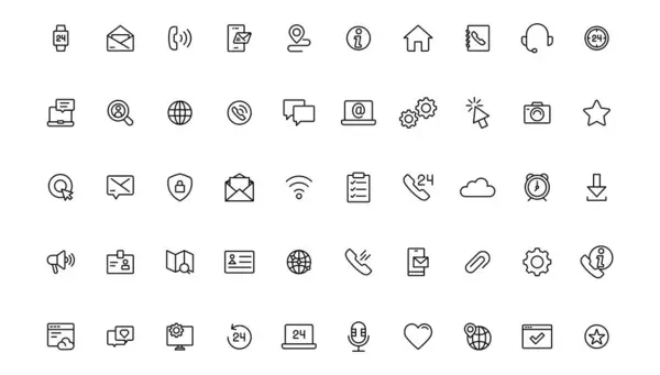 İletişim simgesi ayarlandı. İnce çizgi temas simgeleri ayarlandı. İletişim sembolleri - telefon, posta, faks, bilgi, e-posta, destek. Satır simgesi