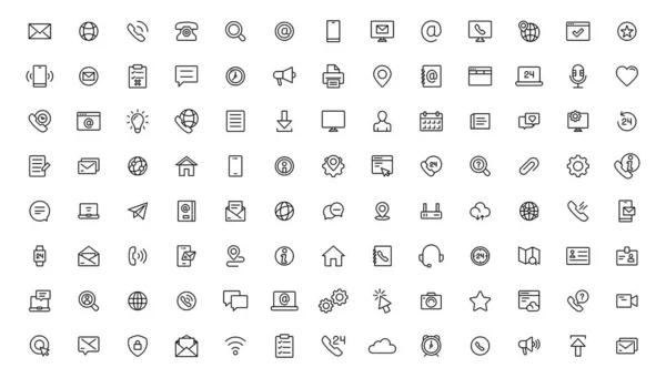 İletişim simgesi ayarlandı. İnce çizgi temas simgeleri ayarlandı. İletişim sembolleri - telefon, posta, faks, bilgi, e-posta, destek. Satır simgesi