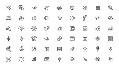 Arama motoru optimizasyonu - SEO ince hattı ve pazarlama simgeleri ayarlandı. Web Geliştirme ve İyimserleştirme simgeleri. Vektör illüstrasyonu