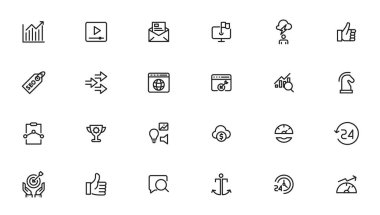 Arama motoru optimizasyonu - SEO ince hattı ve pazarlama simgeleri ayarlandı. Web Geliştirme ve İyimserleştirme simgeleri. Vektör illüstrasyonu