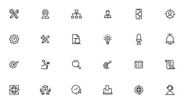 Arama motoru optimizasyonu - SEO ince hattı ve pazarlama simgeleri ayarlandı. Web Geliştirme ve İyimserleştirme simgeleri. Vektör illüstrasyonu