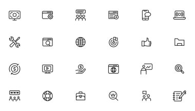 Arama motoru optimizasyonu - SEO ince hattı ve pazarlama simgeleri ayarlandı. Web Geliştirme ve İyimserleştirme simgeleri. Vektör illüstrasyonu