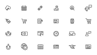 Arama motoru optimizasyonu - SEO ince hattı ve pazarlama simgeleri ayarlandı. Web Geliştirme ve İyimserleştirme simgeleri. Vektör illüstrasyonu