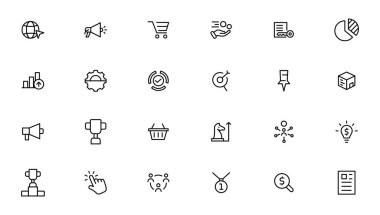 Arama motoru optimizasyonu - SEO ince hattı ve pazarlama simgeleri ayarlandı. Web Geliştirme ve İyimserleştirme simgeleri. Vektör illüstrasyonu