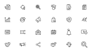 Arama motoru optimizasyonu - SEO ince hattı ve pazarlama simgeleri ayarlandı. Web Geliştirme ve İyimserleştirme simgeleri. Vektör illüstrasyonu