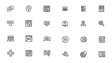 Arama motoru optimizasyonu - SEO ince hattı ve pazarlama simgeleri ayarlandı. Web Geliştirme ve İyimserleştirme simgeleri. Vektör illüstrasyonu