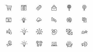 Arama motoru optimizasyonu - SEO ince hattı ve pazarlama simgeleri ayarlandı. Web Geliştirme ve İyimserleştirme simgeleri. Vektör illüstrasyonu