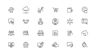 Dijital iş doğrusal simgeleri koleksiyonu. İnce çizgi ağ simgesi seti, basit dış hat simgeleri koleksiyonu, Piksel Mükemmel simgeler, Basit vektör çizimi