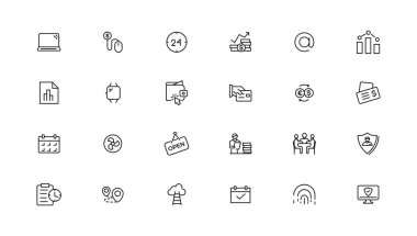 Dijital iş doğrusal simgeleri koleksiyonu. İnce çizgi ağ simgesi seti, basit dış hat simgeleri koleksiyonu, Piksel Mükemmel simgeler, Basit vektör çizimi