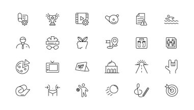 Hobi ve eğlence lineer simgeleri koleksiyonu. İnce çizgi ağ simgesi seti, basit dış hat simgeleri koleksiyonu, Piksel Mükemmel simgeler, Basit vektör çizimi