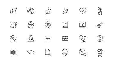 Hobi ve eğlence lineer simgeleri koleksiyonu. İnce çizgi ağ simgesi seti, basit dış hat simgeleri koleksiyonu, Piksel Mükemmel simgeler, Basit vektör çizimi