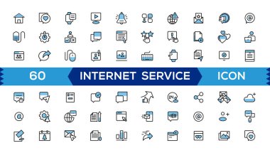 İnternet simgesi seti. Online, bilgisayar, ağ, web sitesi, sunucu, web tasarımı, donanım, yazılım ve programlama içerir. 