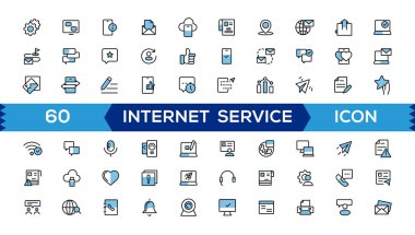 İnternet simgesi seti. Online, bilgisayar, ağ, web sitesi, sunucu, web tasarımı, donanım, yazılım ve programlama içerir. 