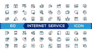 İnternet simgesi seti. Online, bilgisayar, ağ, web sitesi, sunucu, web tasarımı, donanım, yazılım ve programlama içerir. 