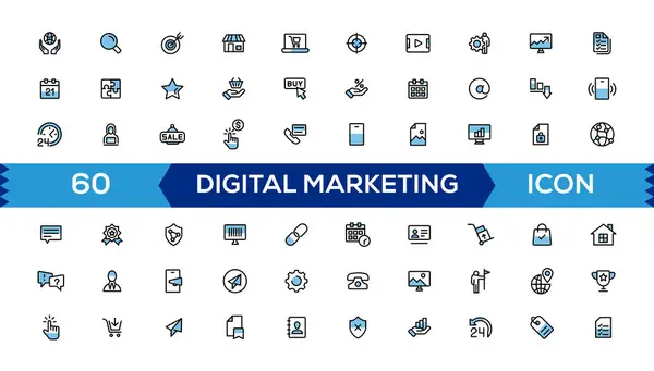 Digital Marketing Web Icons Line Style Marketing Blue Line Icons — Stock Vector